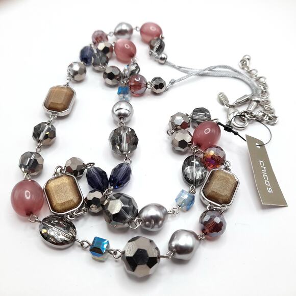 Chico’s Multi Strand Beaded Necklace NWT Silver Tone Mixed Beads 44 Inch - Picture 1 of 9